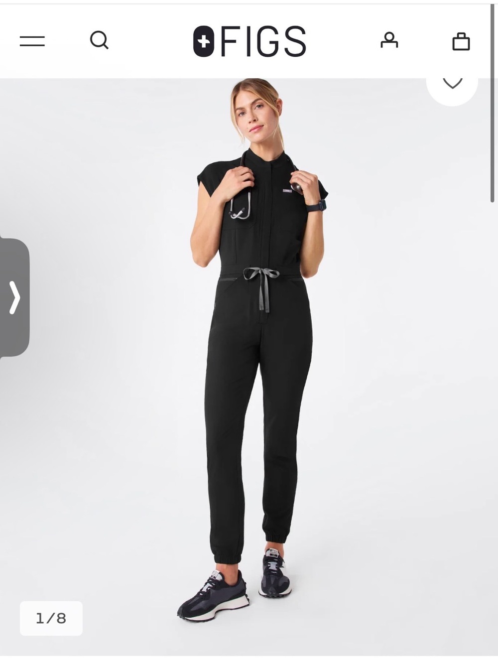 Figs Black Women's Short-Sleeve Zip Jumpsuit with Tie Waist (NWT)